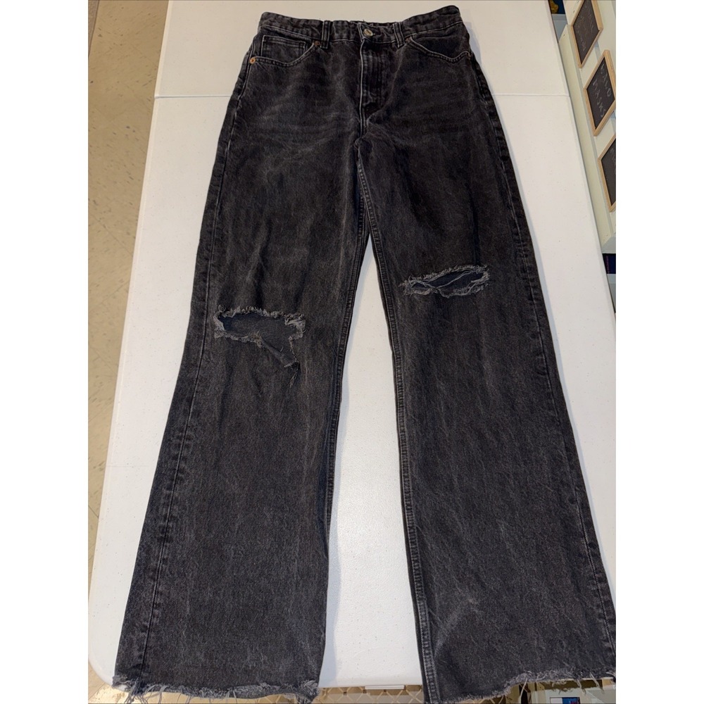 Zara Washed Black Raw Hem Flared Leg Jeans Denim Pants Distressed Women's Size 8